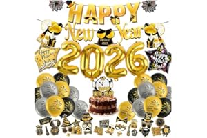 Aitsite Silvester Deko 2026 Dekoration Set, Happy New Year Girlande+Folienballons+Schwarz Gold Ballons&Foto Requisiten, New Year Decoration, Neujahr Silvesterdeko Ballons, Fotorequisite Silvesterparty