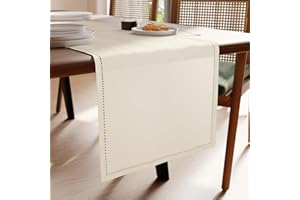 Encasa XO Runner da Tavolo | Puro Cotone con Design Orlato | Dimensioni 32x150 cm | Naturale - Lavabile in Lavatrice