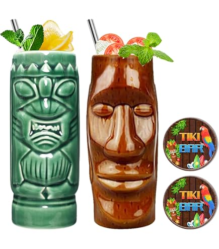 Tiki-Tassen-Set Aus Keramik – 4 Stück, Handbemalt, Für Cocktails & Partys, Hawaiianisches Deko-Geschirr