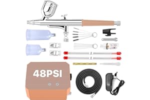 Omeyo Airbrush Kit with Air Compressor, 40 PSI High Pressure Air Brush Non-Clogging with 0.2/0.3/0.5mm Nozzle/Cleaning Sets, Ideal for Painting, Modeling, Cake Decor,Makeup, Nail Art (Gold, 48 PSI)