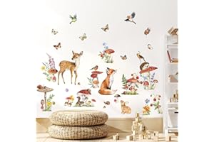 wondever Woodland Animal Wall Stickers Mushroom Deer Fox Peel and Stick Wall Decals for Kids Bedroom Baby Nursery