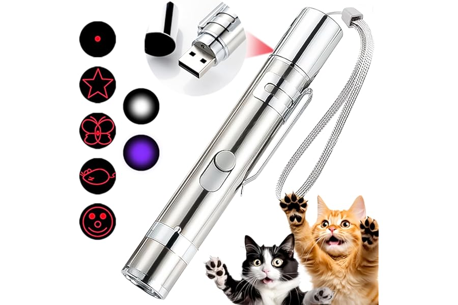 Cakkone Cat Toys, 7 in 1 Function Red Pointer Interactive Cat Toy, USB Rechargeable LED Cat Light Pen, Cat Toys Interactive for Indoor Cats Dog, Red Dot Kitten Practice Chaser Toys