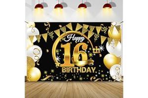 BLUELVES 16 Geburtstag Dekoration Schwarz Gold, 16 Geburtstag Banner, 16 Geburtstag Party Deko für Jungen Mädchen, 16 Geburtstag Hintergrund Banner, Extra Große Stoff Schild Poster, Geburtstag Sfeier Liefert