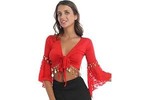 Runhomal Damen Bauchtanz Kostüm Bauchfrei Oberteil Crop Top mit Pailletten Quasten Tanz Kostüm Party Outfits