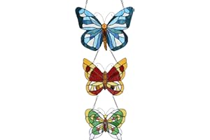 Bieye W10053 Butterfly Tiffany Style Stained Glass Window Panel with 3 Pieces Hanging Successively Within Chains, 12"W x 25"H