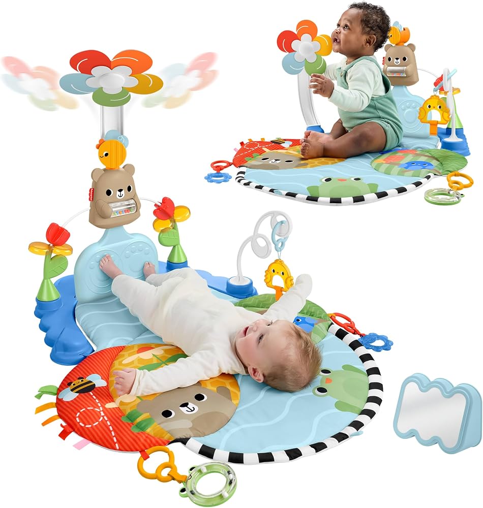 Doğumdan itibaren bebekler için gelişime yardımcı Fisher-Price bebek oyun minderi, 3'ü 1 Arada Duyusal Gelişim Jimnastik Merkezi aktivite oyuncağı, HYR60