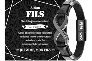 MANVEN Cadeau Fils Bracelet À Mon Fils Garçon Hommes Cadeaux de Anniversaire 20 16 17 18 ans Noël Bracelet Cuir en Acier Inoxydable 20.5/21.5cm