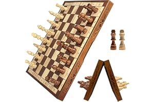 Syrace Jeu d'échecs et de dames magnétique en bois pour enfants et adultes, pliable, sculpté à la main, avec pièces et rangements, 40 cm (jeu d’échecs magnétique luxueux)