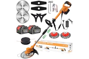 SUAIIOLK Coupe Bordure sans Fil avec Batterie 21V Débroussailleuse à Batterie Brushless avec 2 Batteries 4.0Ah, Brosse Désherbage, 4 en 1 Debroussailleuse Electrique sans Fil pour Jardin Élagage,Orange