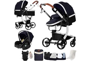 Magic ZC Cuero PU Carrito Bebe 3 en 1, Carro 3 Piezas Plegado Conveniente con Un Solo Clic, Coche Bebe con Modo de Doble Empuje Reversible, Cochecito Tres Piezas Paisaje Alto (L518 Silver Blue)