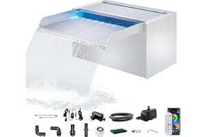 Longrun 23CM Pond Waterfall Blade,304 Stainless Steel Pool Fountain with Water Pump and RGB Bluetooth LED Light,Complete Waterfall & Stream Kits for Garden Water Features