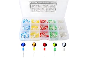 CESFONJER 500 PCS Led Leuchtdioden 3 mm, Rund Farbe Dioden 3 mm 2-poligen, (5 Farben x 100pcs), Farbe Sortiert Weiß/Rot/Gelb/Grün/Blau Kit Box Set