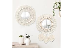 Betylifoy Espejo Decorativo Colgante de Pared de Macramé de 2 Piezas con Flecos Tejidos Espejo Redondo Bohemio para Dormitorio Sala de Estar Guardería Decoración del Hogar