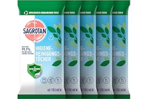 ‎SAGROTAN Sagrotan Hygienereinigungstücher – Für die praktische Reinigung und Desinfektion von Oberflächen – 5 x 60 Feuchttücher in wiederverschließbarer Verpackung