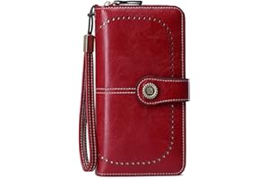 FORRICA Cartera Mujer Grande Monedero Cremallera RFID Bloqueo Billetera Múltiples Compartimentos Tarjeteros Cartera Cuero PU con Correa Muñeca Rojo