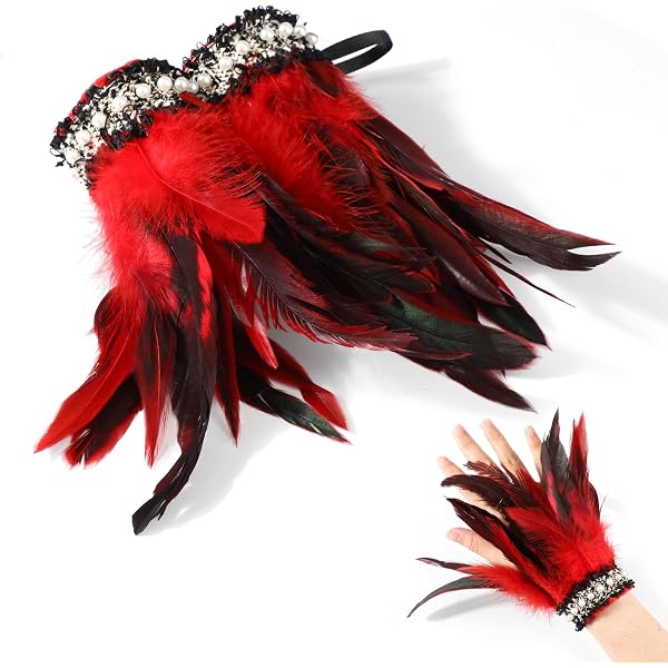 Gants Femme En Dentelle Noire Avec Plumes - Sans Doigts, Style élégant - Pour Soirée, Bal, Cosplay Ou Fête