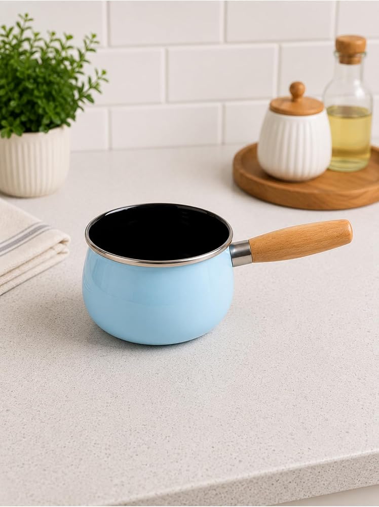 14 cm Emaye Sütlük | Ahşap Saplı Süt Cezvesi | Sosluk | 1200ML | 9 cm Derinlik | Mavi