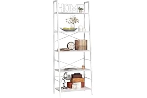 Yusong Ladder Shelf, Industrial 5-Tier Bookshelf, Free Standing Bookcase, Utility Organizer Shelves for Plant Flower, Wood Look Accent Furniture with Metal Frame for Home Office, White