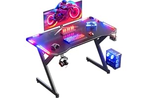HLFURNIEU LED Bureau Gaming 100 x 60 cm, Bureau Gamer avec Plateau en Fibre de Carbone, Table Gaming Ergonomique avec Porte Gobelet et Crochet pour Casque, Noir