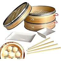Crystals 8 Inch Organic Bamboo Steamer Basket Large 2-Tiers with Lid and 2 Plates, 2 Pair Chopsticks Strong, Durable and Rein