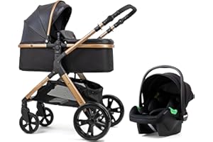 Pixini Arizona Kinderwagen Set 3in1 gold/schwarz Kunstleder