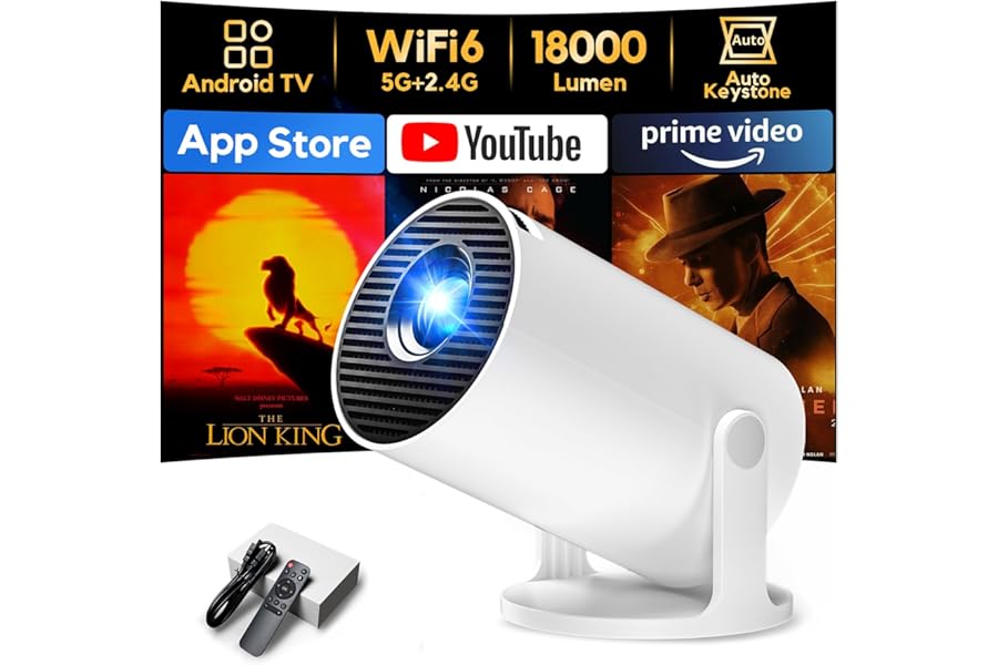 [Built-in Apps & Auto Keystone] AKIYO O2 Projector 2026 Upgraded 18000 Lumen with WiFi6 and Bluetooth 5.4, Mini Projector 1080P Full HD Supported, 180° Rotation Compatible with HDMI/USB/Laptop/PS5