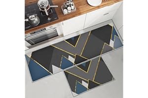 PQCXXA Washable Rubber Backing - Set di 2 tappeti da cucina, per cucina, lavanderia, soggiorno (blu geometrico, 40 x 120 cm + 40 x 60 cm)