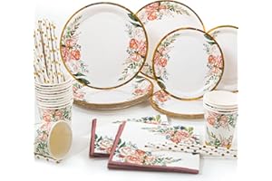Yidaxing 125pcs Vaisselles Jetables Or Rose Fleurs, Assiettes Hawaïennes Gobelets Pailles Serviettes pour Décoration Fête de Mariage Anniversaire Baby Shower, 25 Invités