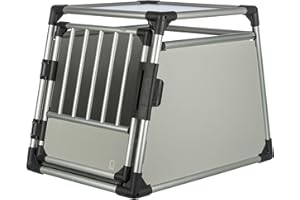 TRIXIE Hunde-Transportbox Aluminium in silber - M–L: 60 × 65 × 86 cm - stabile und geräuscharme Hundebox mit abgeschrägten Seiten, Sicherheitsverschluss & rutschfester Liegematte – 39342