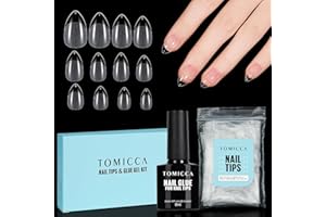 TOMICCA Sztuczne tipsy do paznokci żelowych, tipsy migdałowe, tipsy z klejem, 120 sztuk, miękkie żelowe, pełne pokrycie, profesjonalna jakość do salonu fryzjerskiego – 10 rozmiarów