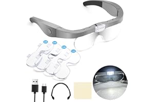 NZQXJXZ Graue Kopflupe Lupe mit Licht Wiederaufladbare Kopfbandlupe für Naharbeiten Wechselobjektive 1,5X 2,5X 3,5X 5X für Juwelierlupe, Kunst und Handwerk, Hobby