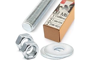 Set Barra Filettata M6 x 1000 mm 1 Pezzi Acciaio Zincato 4.8 DIN 976 con Dadi DIN 934 e Rondelle DIN 9021, Asta Filettata Metrica, Barre Filettate, Bulloni Filettati, Perni Filettati, Lun Fix