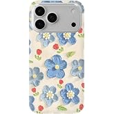 Multitronic iPhone 17 Pro ile Uyumlu Mavi Yağlı Boya &Ccedil;i&ccedil;ek Desenli Şeffaf Telefon Kılıfı