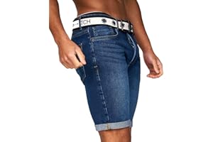 Crosshatch Mens Stretch Denim Shorts Belted Knee Length Roll Up Faded Casual New