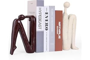 ORENM Thinker Statue Decorative Bookends,1 Pair/2 PCS Book Ends for Shelves Unique Modern Book Stopper for Heavy Books, Abstract Aesthetic Decor, Modern Home Bookshelf Decoration (White and Red Brown)