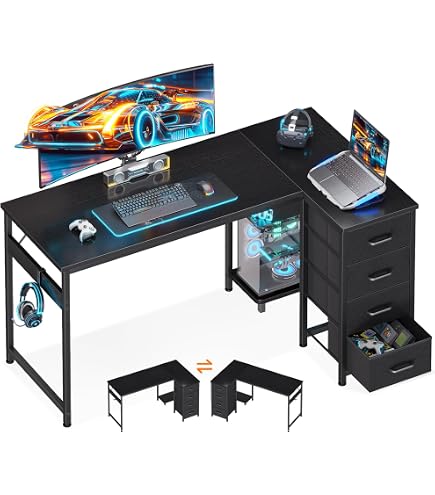 Bureau D'ordinateur Furologee 152,4 Cm – 4 Tiroirs En Tissu, Espace Imprimante, LED RGB, Prises USB – Marron Rustique
