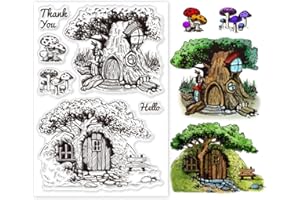 ‎GLOBLELAND GLOBLELAND Baumhaus Hintergrund, Transparente Stempel, Pilz Silikonstempel, Grußworte, Transparente Gummistempel, Siegel Für DIY, Scrapbooking, Fotoalbum, Dekorative Karten, 6.3x4.3,(5) cm