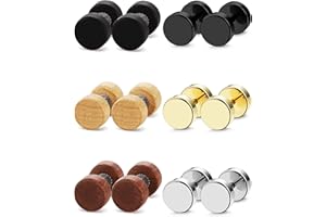 JeryWe 6 Pairs Stud Earrings Set for Men Women Stainless Steel Ear Piercing Ear Plugs Wood Stud Earrings Tunnel Fake Gauge Earrings Ears Screw Barbell Earrings 18G