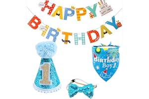 BIPY Dog 1st Birthday Hat Bandana Set for Boys Small Medium Dogs Cats Soft Bibs Doggy Party Grooming Supplies Celebration Birthday Bandana Shipped Randomly-Blue