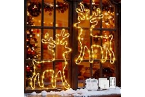 Lypumso Luces de Navidad Reno, 2 Piezas 45 LED Cortina de Luces a Pilas, Luz Colgantes Ventana Navidad 8 Modos, Temporizador IP44, para Decoracion Navideña Interior Exterior, Ventana, Balcón, Fiesta