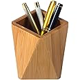 YOSCO Bamboo Wood Pen Holder Stand for Desk Geometric Pencil Cup Pot Cute Desktop Office Supplies for Kids, Makeup Brushes Organizer (Bamboo)