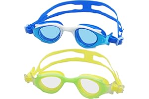 RedCrab Lunettes de Natation pour Enfant, Lot de 2 Lunette Piscine Enfant Anti-Buée-UV Avec Sangle Réglable pour 3 à 14 Ans,Bleu et Vert