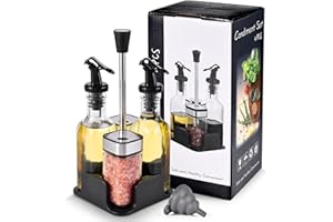 FNLLC Set Olio Aceto Sale Pepe,Oliera Vetro,sale e pepe Le Travisate,Set di ampolle,2 Salina da Tavolo con Coperchio Girevole in Acciaio Inox 120ML,2 Oliera 200ML,design a prova di perdite