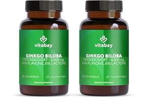‎VITABAY Vitabay Ginkgo Biloba 6000 mg | 360 Kapseln | Zeitoptimierte Abgabe | Mit 24% Flavone & 6% Lactone | Laborgeprüft & hergestellt aus hochwertigen Rohstoffen