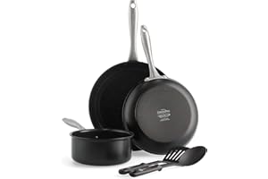 GreenPan Lima Midnight Ceramica Antiaderente Anodizzata Dura e Sana, Set di 5 pezzi, Include Padella, Casseruola e Utensili in Nylon, Senza PFAS, Adatto all'induzione e al forno, Nero