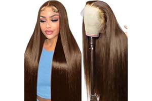 TUNFINE 16 Inch 13x4 Lace Front Wigs Human Hair, 4 Chocolate Brown Human Hair wig, 180 Density Straight Frontal Glueless Lace Wig Real Hair, Pre Plucked Glueless Wigs for Black Women