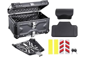 VEVOR Motorcycle Top Case - 65L Universal Aluminum Tail Box with Leather Lining, Waterproof Detachable Box & Lock, Fit for Most Motorcycle Frames