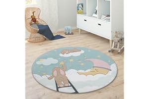 Paco Home Alfombra Infantil Redonda Chicas Chicos Estrellas Luna Elefante Arco Iris, tamaño:Ø 120 cm Redondo, Color:Turquesa