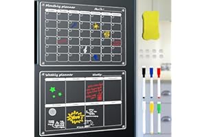 DALETU Lot de 2 Planificateur mensuel et hebdomadaire réutilisable, calendrier magnétique en acrylique pour le réfrigérateur, planificateur familial transparent avec effaceur magnétique à sec, 6 marqueurs