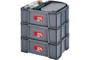 SUNDIS Master Box, lot de 3 bacs de rangement 27L en plastique recyclé, robustes et renforcés, parois droites, superposables et combinables, idéals pour l’atelier, le bricolage ou le transport